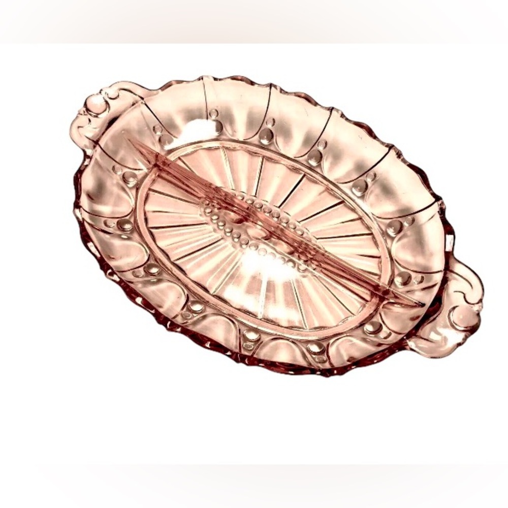 Vintage Pink Depression Glass Dish Oyster and Pearl Pattern Divided Bowl